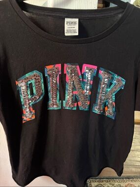 PINK Victoria's Secret Black Sequin Logo Tee with Multicolor Trim